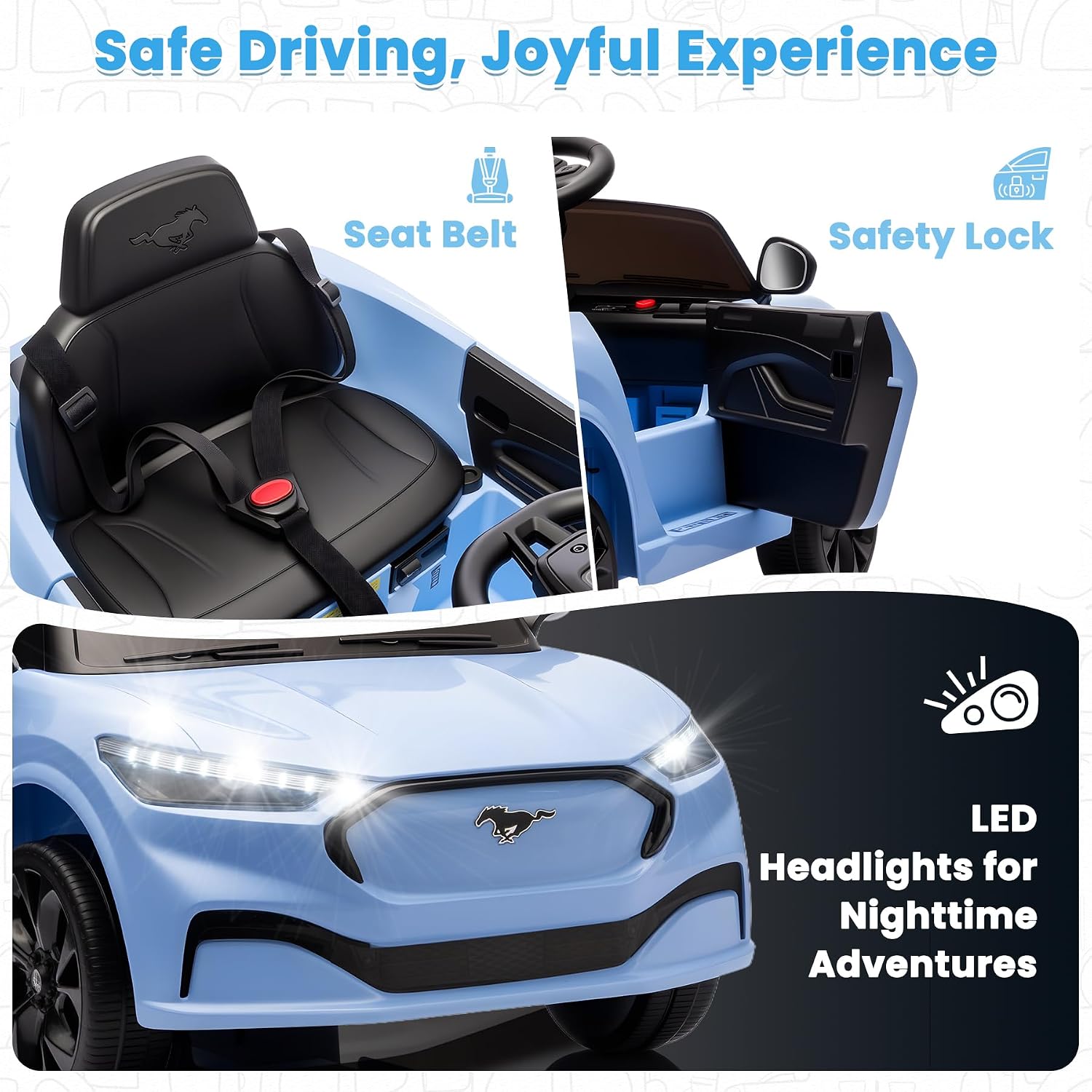 Bobike Electric Ride On Car for Kids, 12V Electric Toddler Car with Remote Control, Ride on Toys for Kids with LED Lights, Music Player, Lockable Doors (Blue)