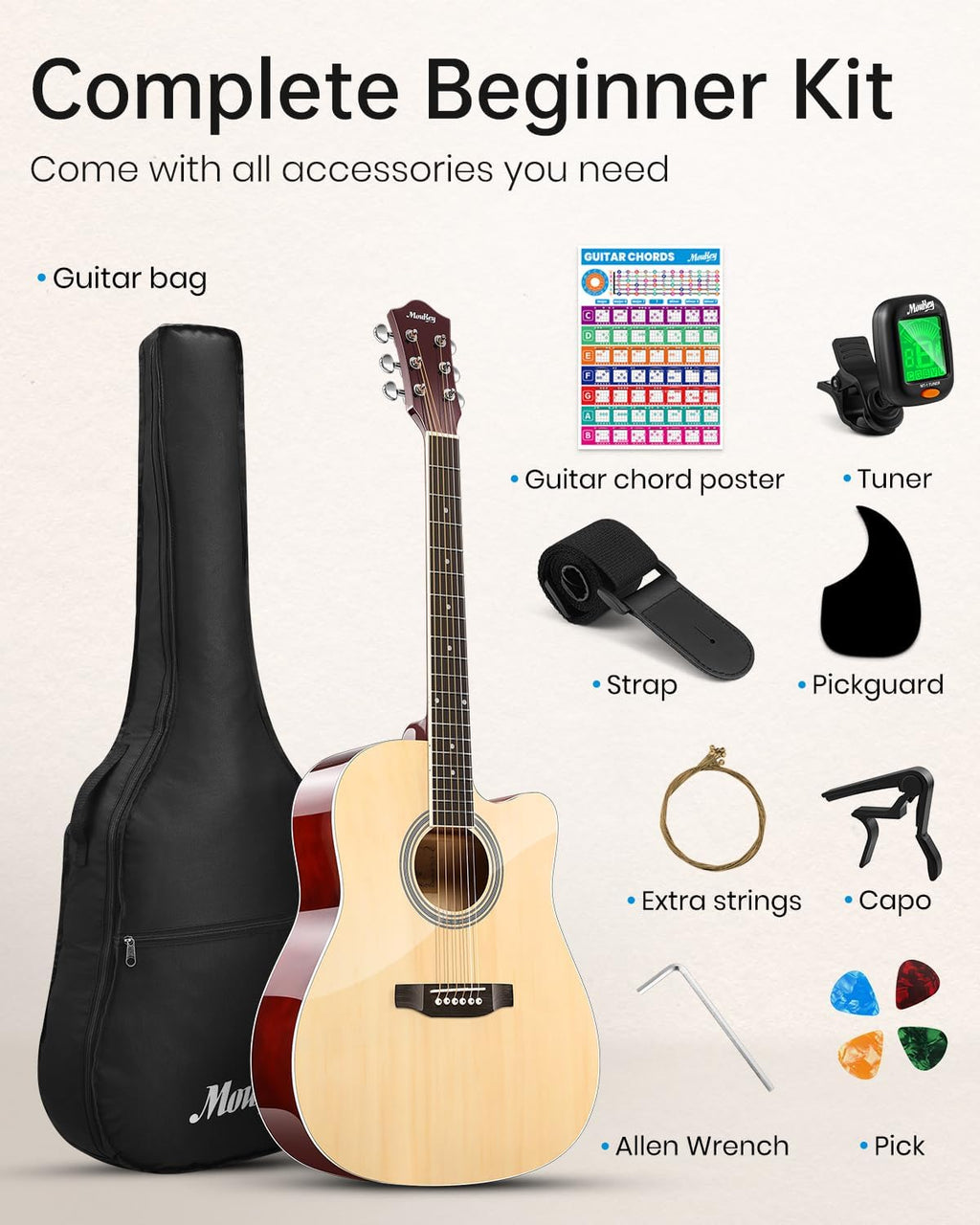 Moukey 41' Acoustic Guitar for Beginners Adults 4/4 Guitarra Acustica with Chord Poster, Gig Bag, Tuner,Steel Strings, Capo, Strap, Natural