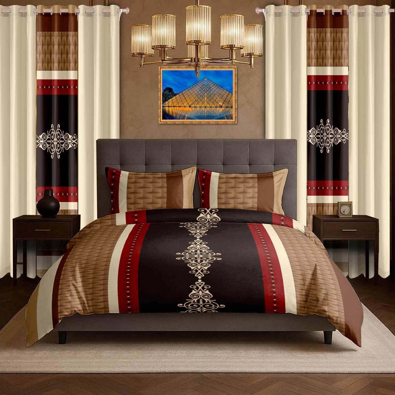 9 Pieces Bedspread Bedding Set with Matching Curtains,King Size,Brown Vintage Print,Coverlet Quilted Bed Throw,Bedcover,Red and White,Machine Washable,Gift for Wedding and Fastival