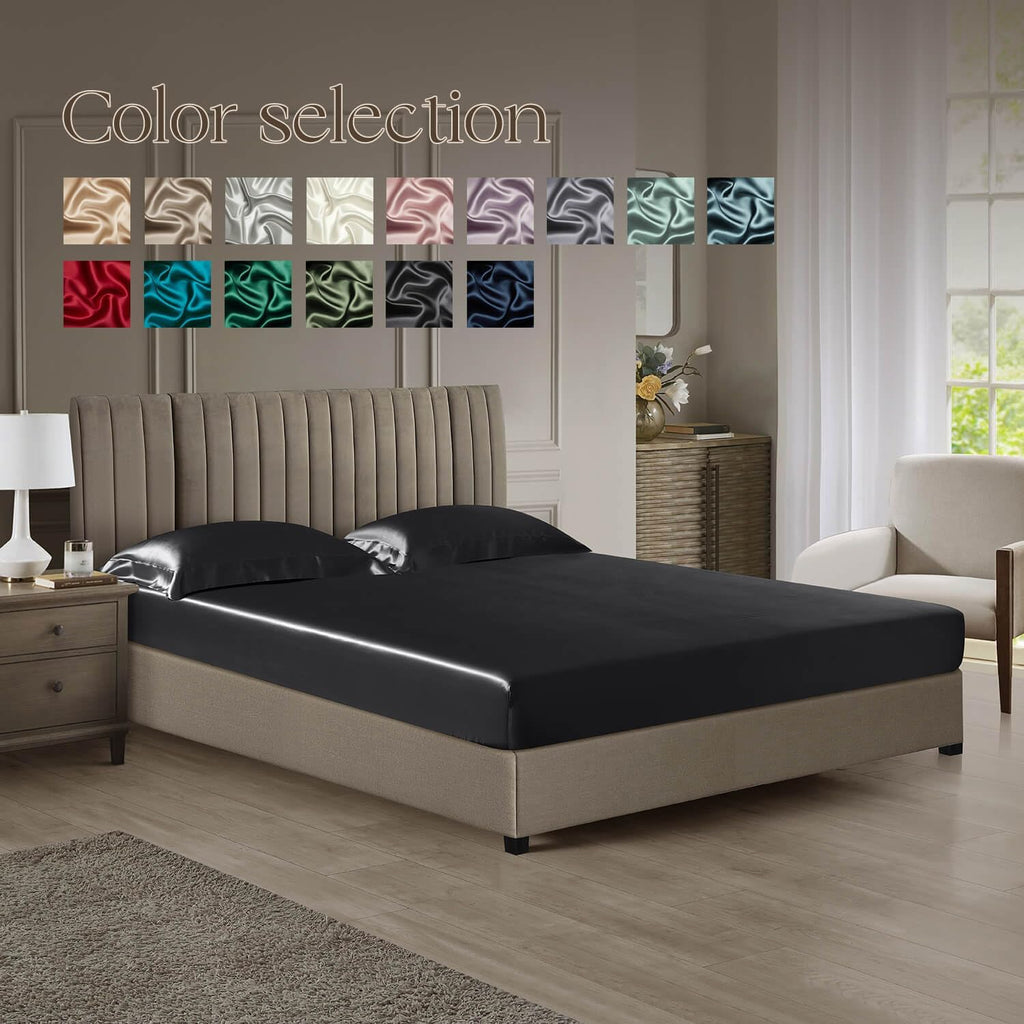 DISANGNI 22 Momme 100% Mulberry Silk Bedding Set - 4-Piece Luxury (2 Pillowcases, 1 Fitted Sheet, 1 Flat Sheet) - 6A Grade Natural Silk (Black, Queen)