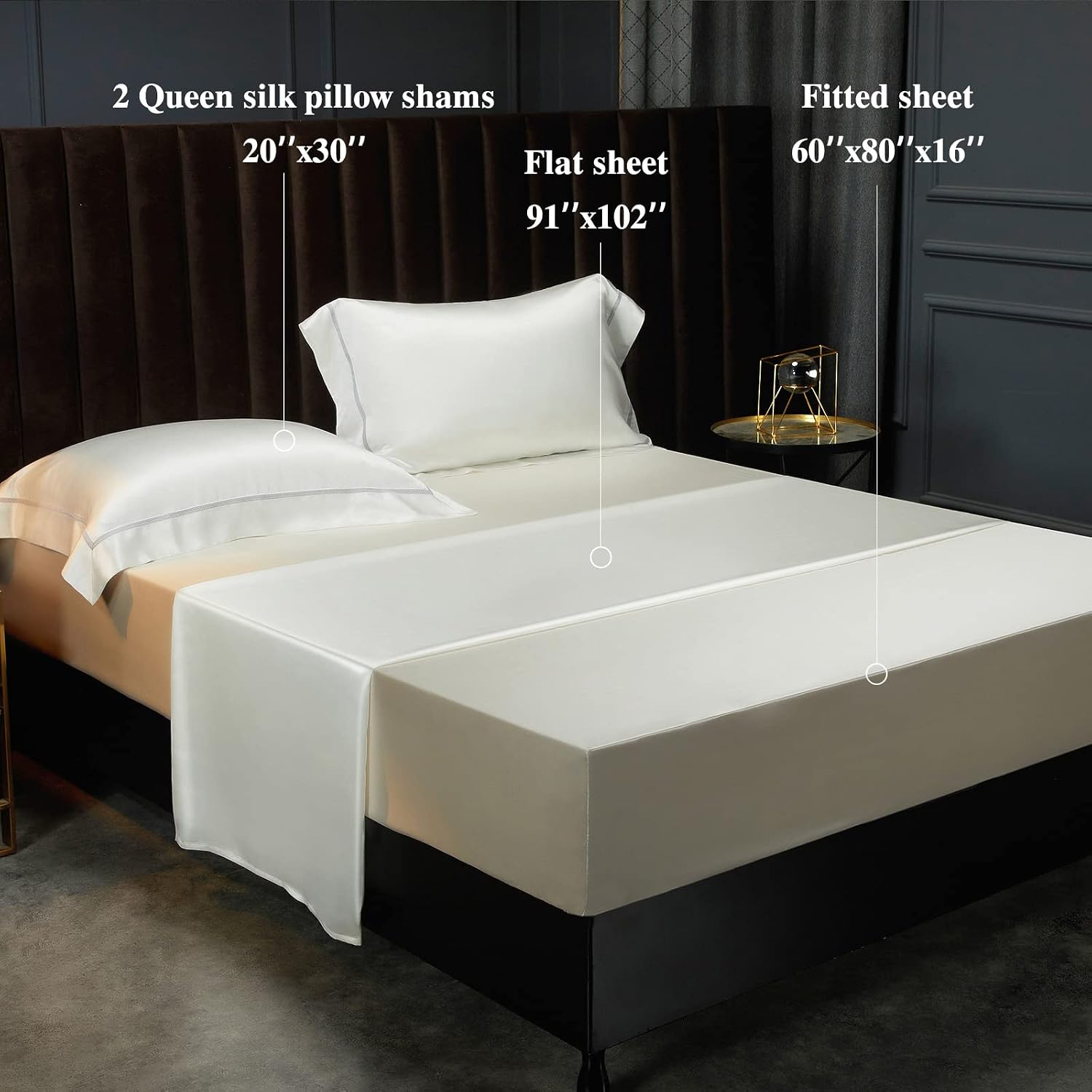 YOUR MOON 100% Mulberry Silk Sheets Set Queen Size 4 Pcs, 25 Momme Mulberry Silk Bed Sheets, Ultra Soft Luxury Bedding Sets, 1 Fitted Sheet, 1 Flat Sheet, 2 Pillow Shams (White)
