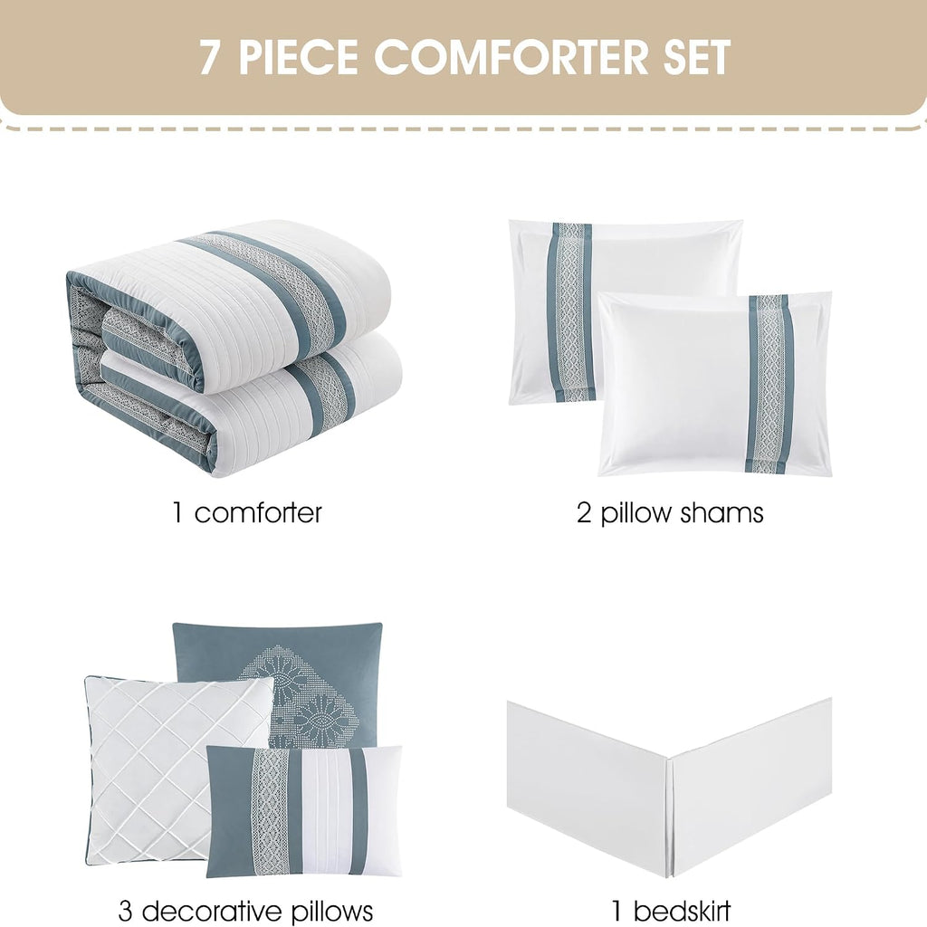 Grand Avenue Striped 7 Piece Blue Comforter Set, California King Size Microfiber Bedding, All Season Polyester Bedding Set, Bed Skirt, Pillows & Shams
