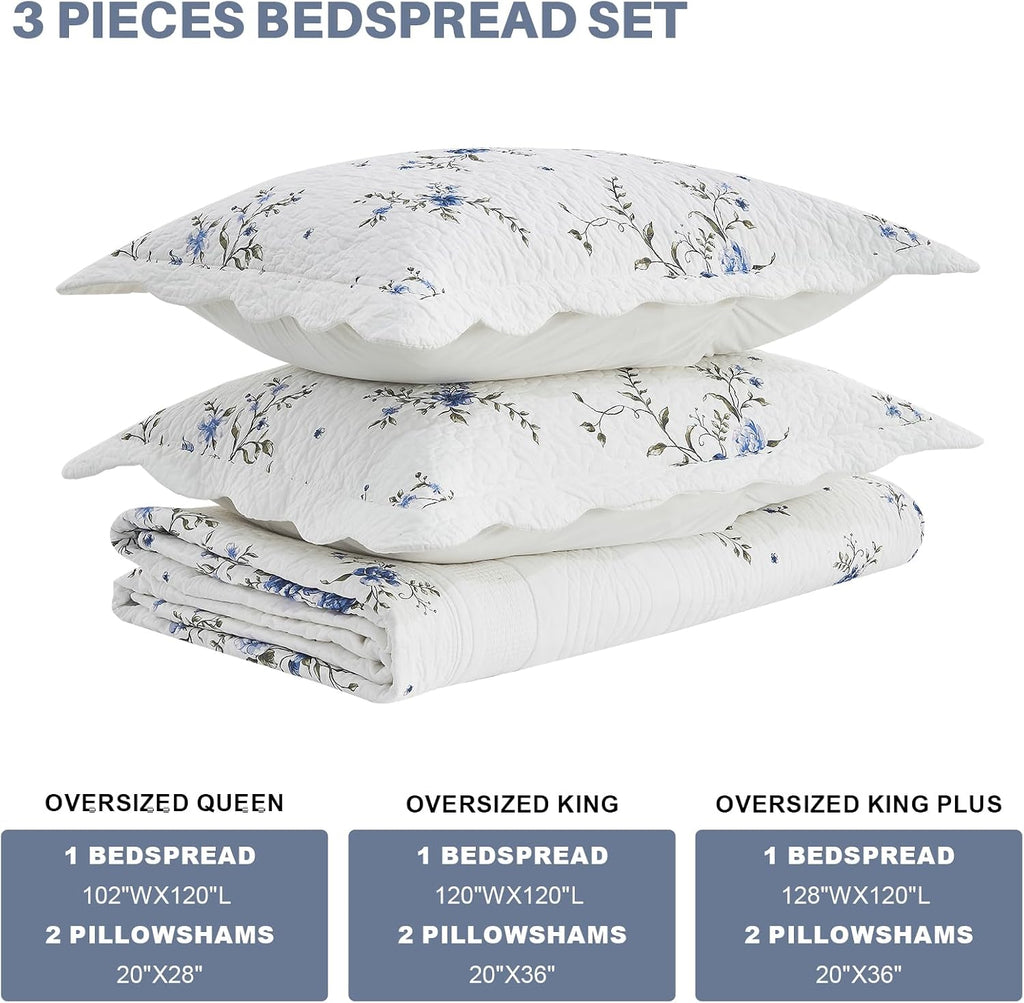 Floral Bedspreads King Size Extra Wide, 128x120 Oversized Quilt Bedspread Coverlet, 100% Cotton Blue and White Bedding Set with Shams, Lightweight Soft Quilted Thin Comforter, 3 Piece