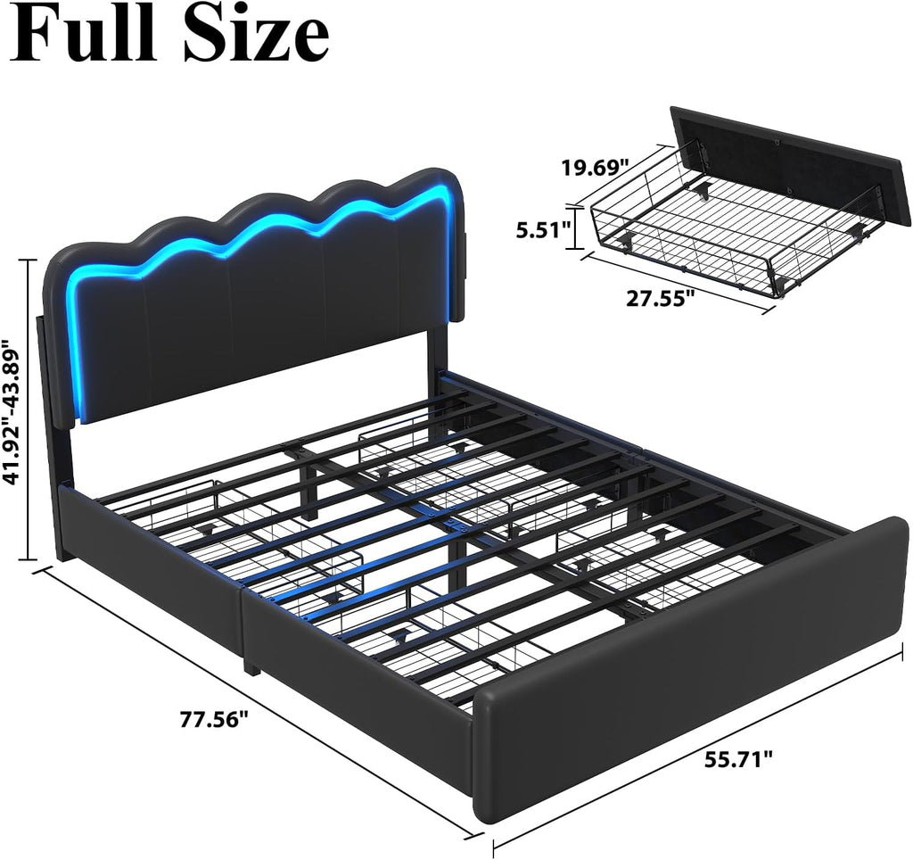 E-Motie Full Size Bed Frame with 4 Storage Drawers and LED Lights,Upholstered Platform Bed with Adjustable Headboard and Charging Station, Metal Slats Support, No Box Spring Needed, Black