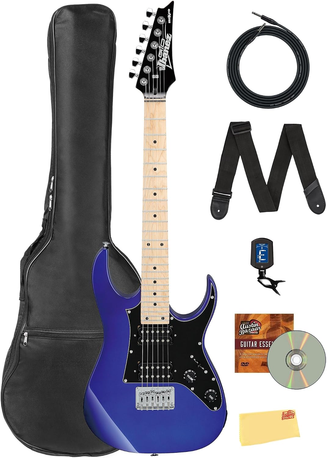 Ibanez GRGM21M RG Gio miKro Short-Scale Electric Guitar - Jewel Blue Bundle with Gig Bag, Tuner, Strap, Instrument Cable, Austin Bazaar Instructional DVD, and Polishing Cloth