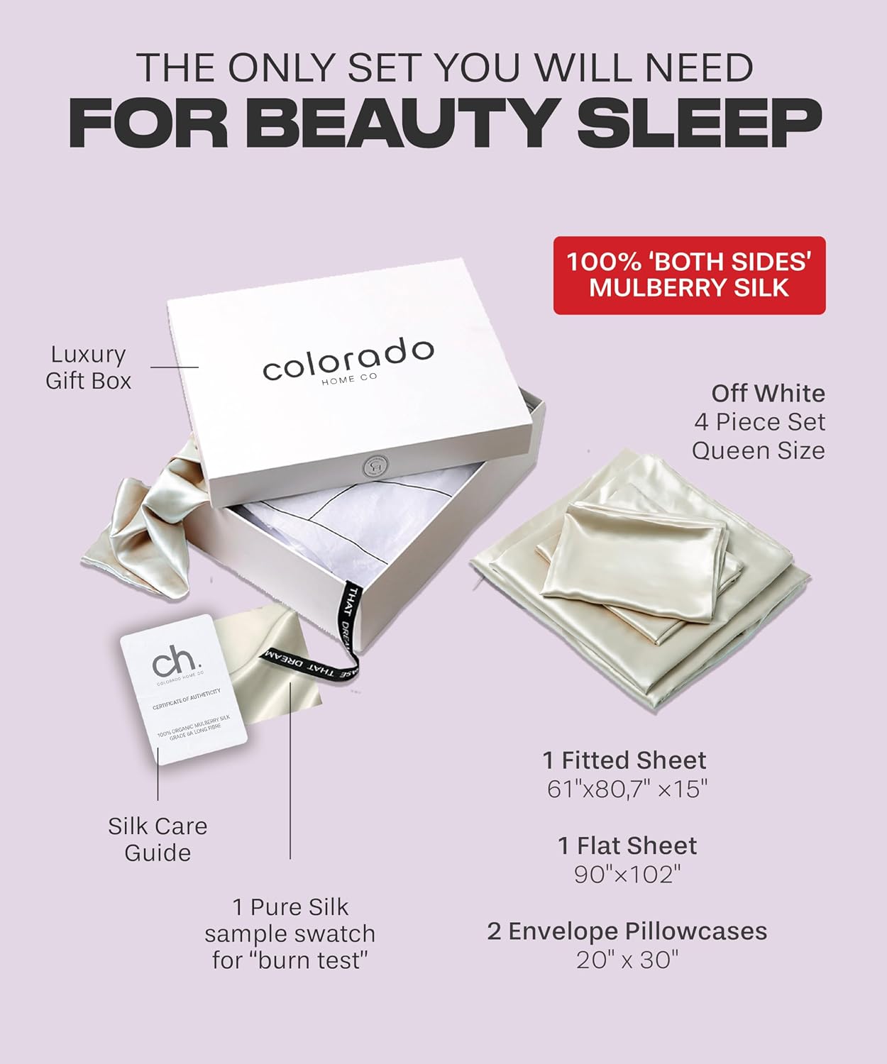 Colorado Home Co SUNDAYSILKS™ Mulberry Silk Bedding Set | 4PC Queen Size - Pure Silk Sheets, Natural, Off White