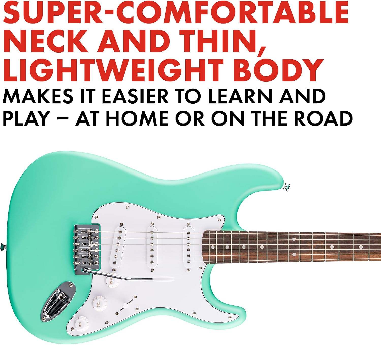 Fender Squier Debut Series Stratocaster Electric Guitar, Beginner Guitar, 2-Year Warranty, Includes Free Lessons, Sea Foam Green with Satin Urethane Finish