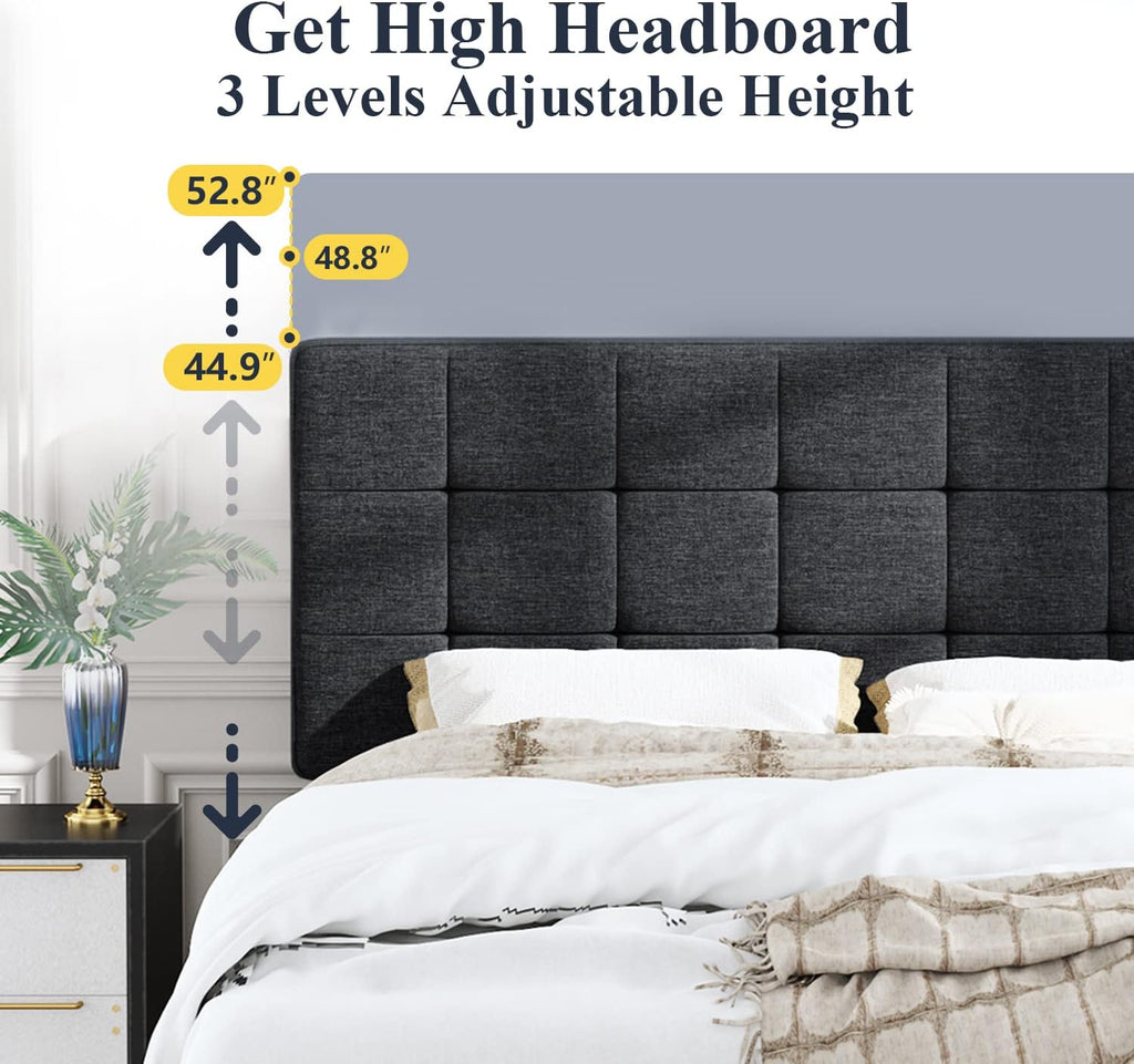 Allewie Full Size Panel Bed Frame with Adjustable Headboard for High Profile/Fabric Upholstered/Square Stitched Padded Headboard/Box Spring or Bunkie Board Required/Dark Grey