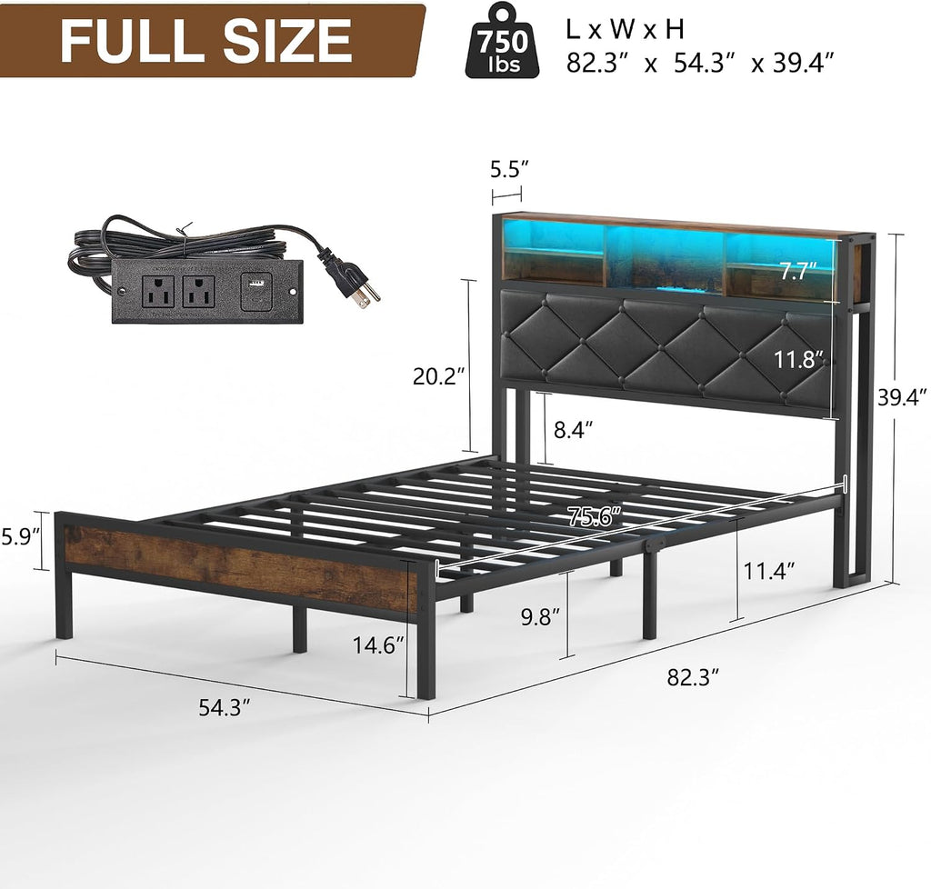 VECELO Full Size Bed Frame with Headboard & Footboard, Metal Platform Mattress Foundation, Led Lights and USB Charging Station, Storage, Noise Free, Easy Assembly, No Box Spring Needed, Vintage Brown