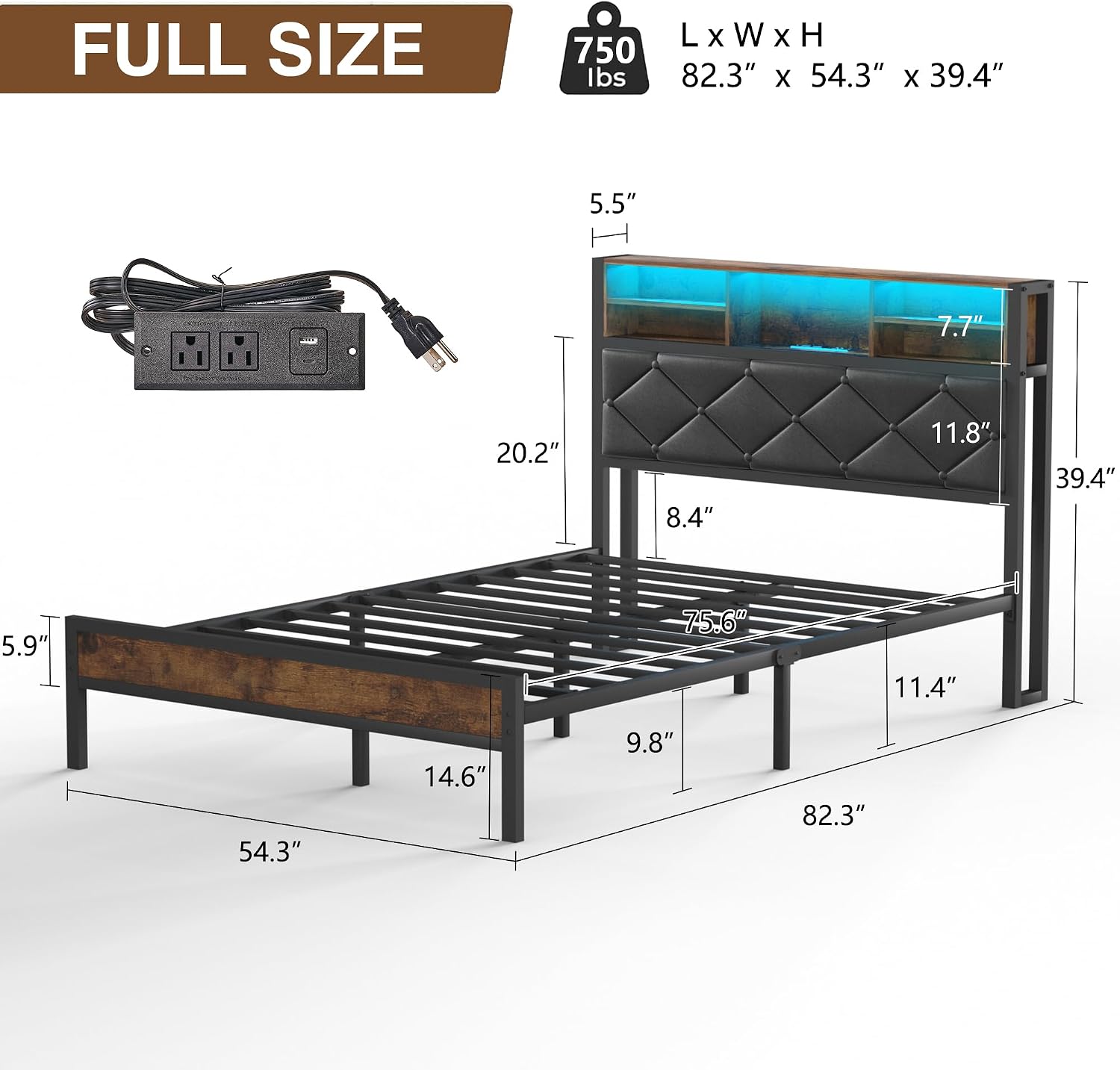 VECELO Full Size Bed Frame with Headboard & Footboard, Metal Platform Mattress Foundation, Led Lights and USB Charging Station, Storage, Noise Free, Easy Assembly, No Box Spring Needed, Vintage Brown
