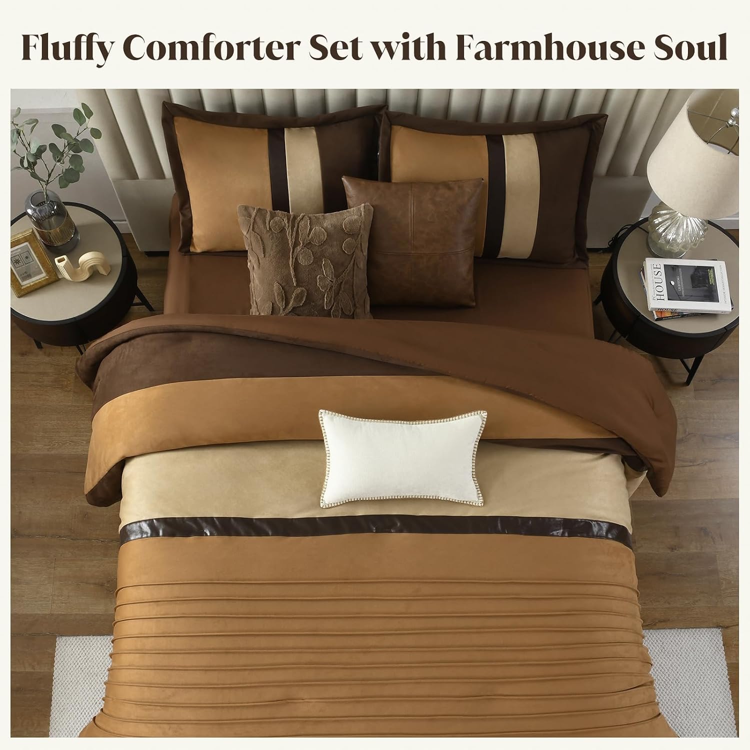 CozyDH Brown Queen Comforter Set - Luxury 7 Piece Faux Suede Bed in a Bag, Farmhouse Rustic Stripe & Pleated Pieced Design, All Season Down Alternative Bedding with Bedskirt, Shams, Decor Pillows