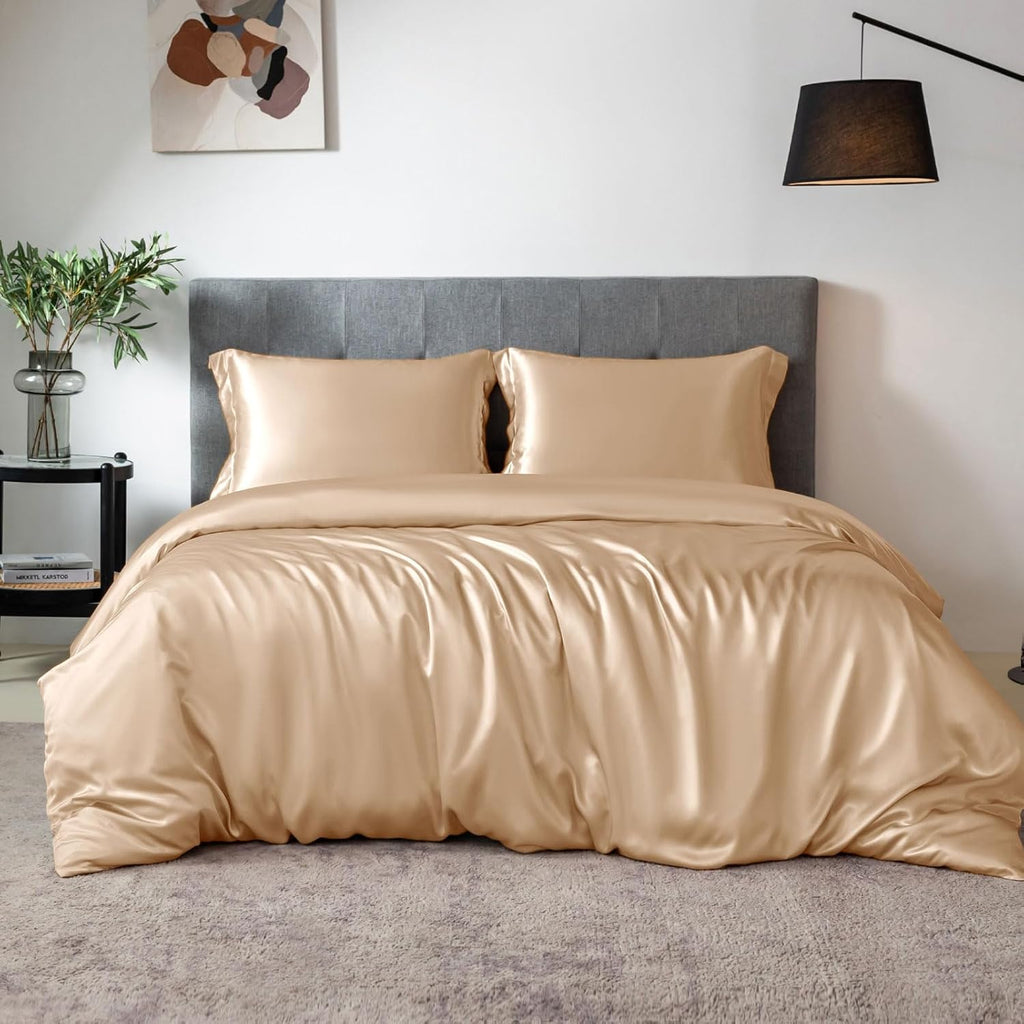 THXSILK 100% Silk Sheet Set, 7A+ Silk Sheet Set Soft Breathable, Luxury Bedding (1 Duvet Cover, 1 Fitted Sheet, 2 Pillow Shams), King, Champagne