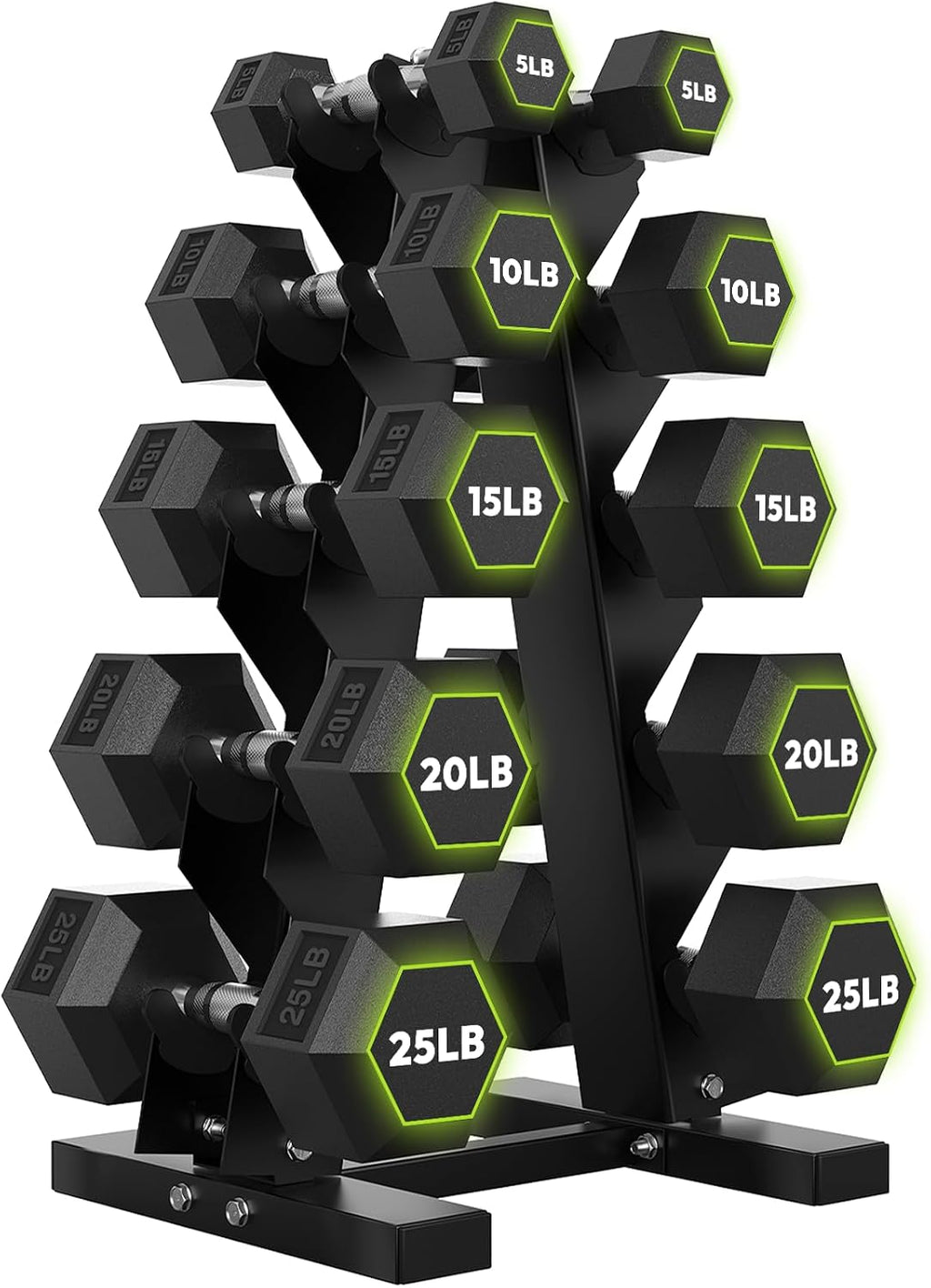 HANDBODE Rubber Coated Hex Dumbbell Set with A-Frame Rack, 100 lb - 550 lb Multiple Options Weight, Hexagon Non-Rolling Shape, Ergonomic Knurled Handle, Home Gym Equipment for Strength Training