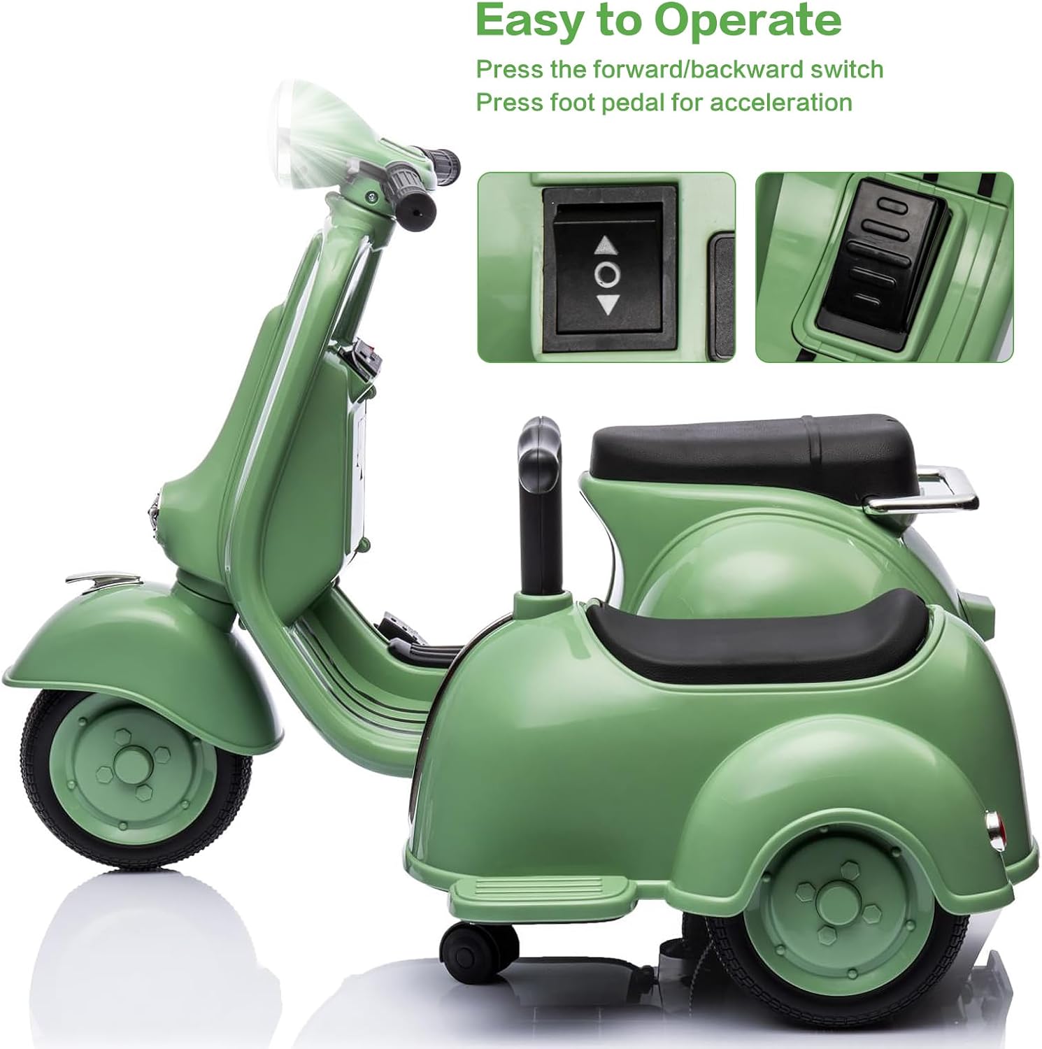 Licensed Vespa Kids Ride On Car with Side Car & Speaker | Motorcycle 2 Seater Three Wheeled Toy Car Rechargeable with Music Player, Volume Button, Lights, USB Plug, Forward, Backward, Green