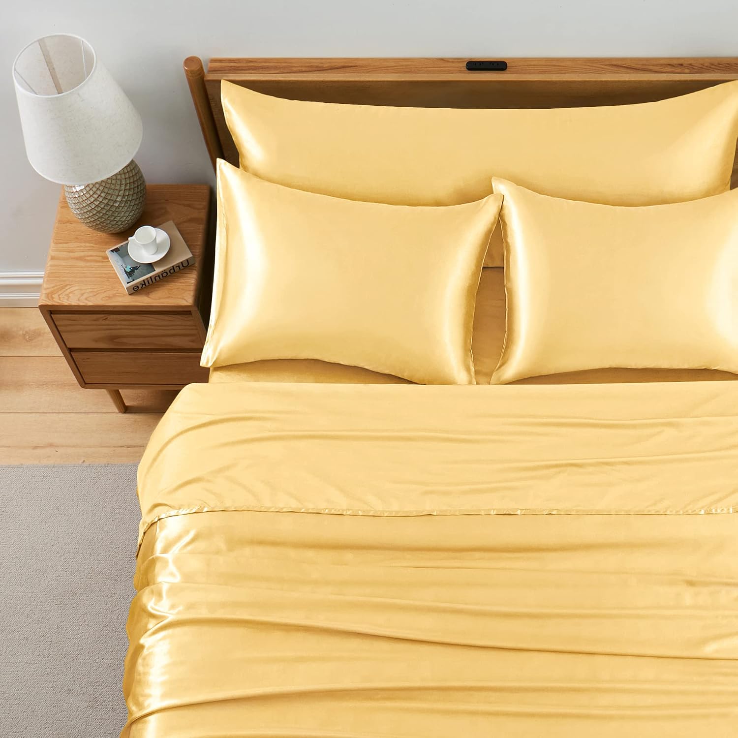 4 Pieces Sheet Set, 100% Mulberry Silk Bed Sheets Fits 10-12' Deep Pocket, 22 Momme Twin Size 6A Luxury Silk Bedding Set with Flat Sheet, Fitted Sheet & 2 Pillowcases (Solid, Gold)