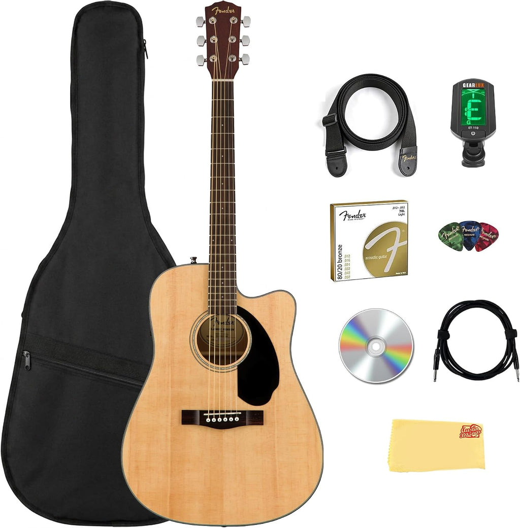 Fender CD-60SCE Solid Top Dreadnought Acoustic-Electric Guitar - Natural Bundle with Gig Bag, Instrument Cable, Tuner, Strap, Strings, Picks, Polishing Cloth and Austin Bazaar Instructional DVD