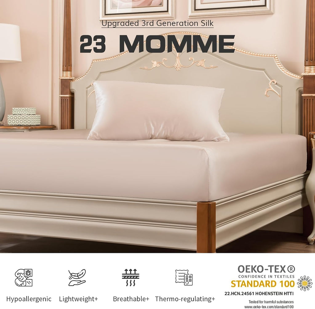 PROMEED Natural Silk 3pcs Queen Sheet Set 23 Momme, 100% Real Mulberry Silk Deep Pocket Fitted Sheet and Pillowcase Set for Hair and Skin (Champagne, Queen)