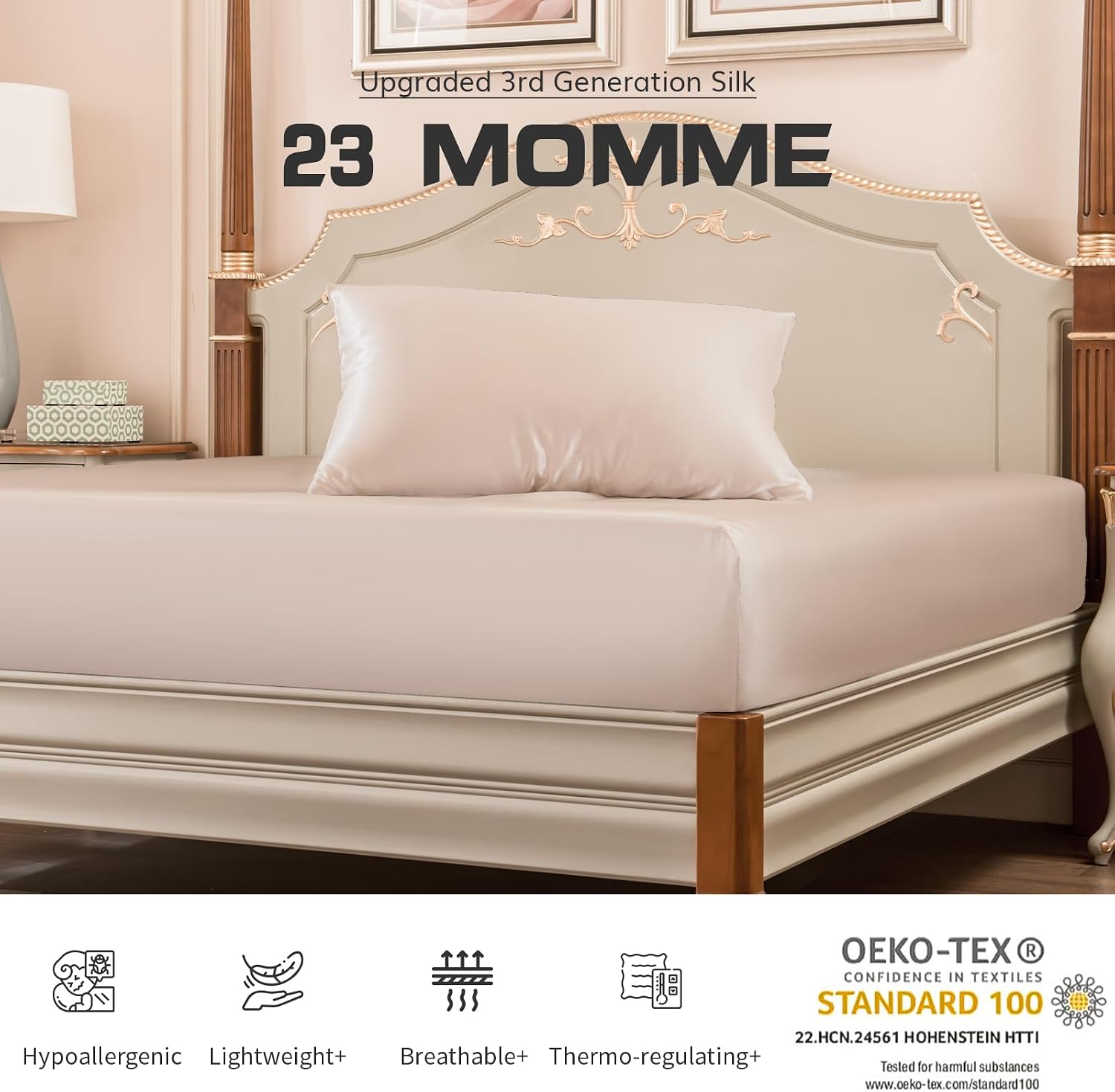 PROMEED 23 Momme Silk Deep Pocket Fitted Sheet ONLY King Size, High Grade 6A+ Mulberry Silk Cooling Bed Sheet, Fits up to 16-Inch Mattress (Champagne, King)