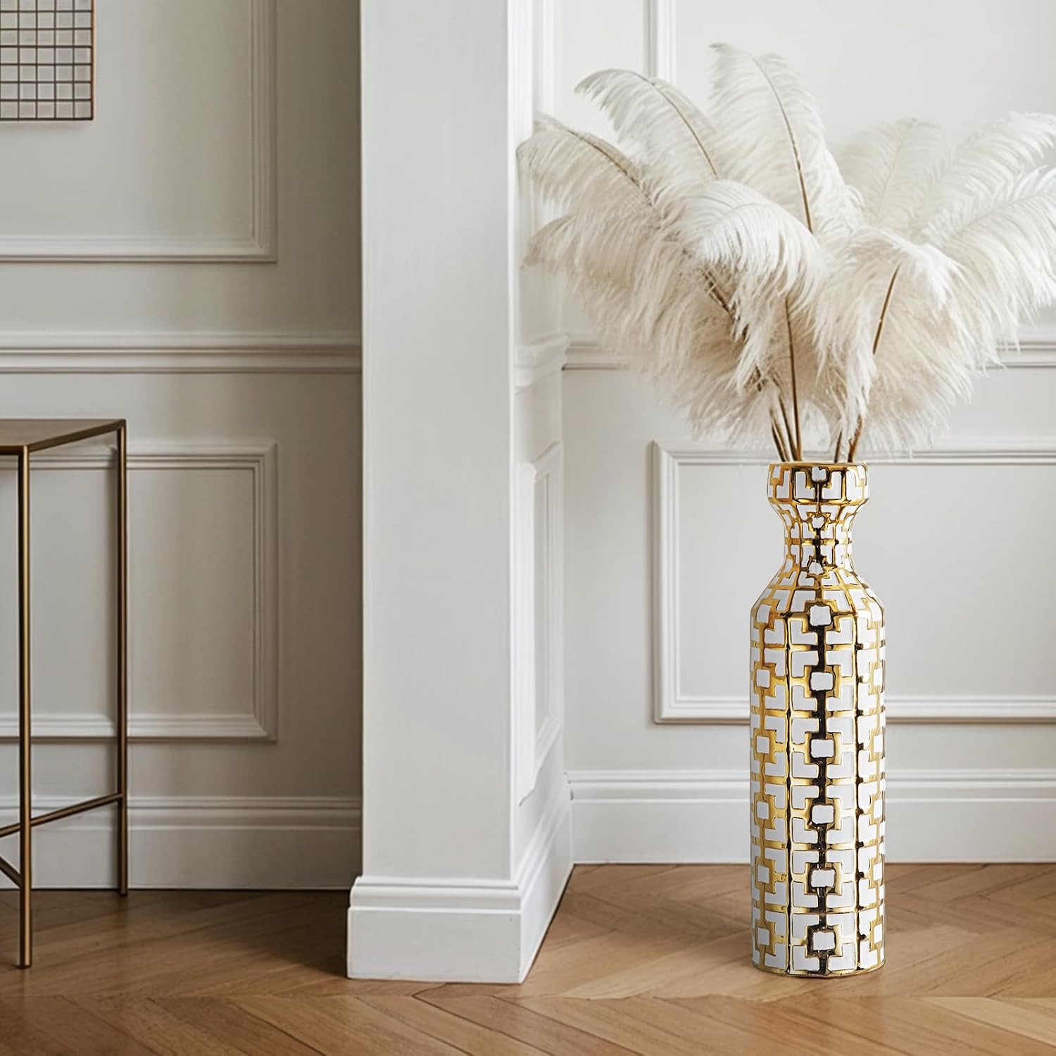 Pair of 24.4' Tall Ceramic Cylinder Vases with Geometric Gold Accents, Large Flower Vase, Decorative Vase - Modern White & Gold Floor Vases for Living Room, Entryway Decor (Set of 2)