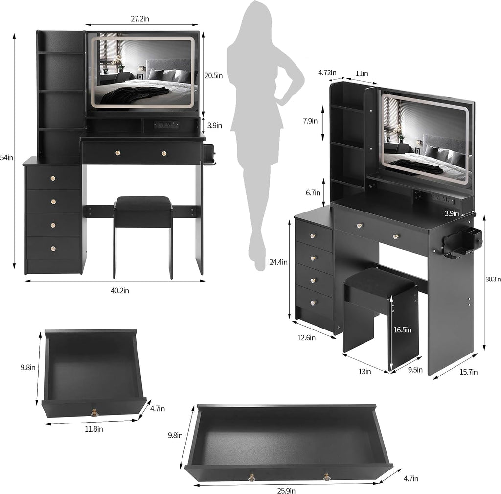 41' Queen Size Left Nightstand Dresser Set with Upholstered Stool, 2 AC Outlets + 2 USB Ports, Oversized Touch LED Mirror, 3 Colour Dimmer Switch (Black + MDF + American Design)