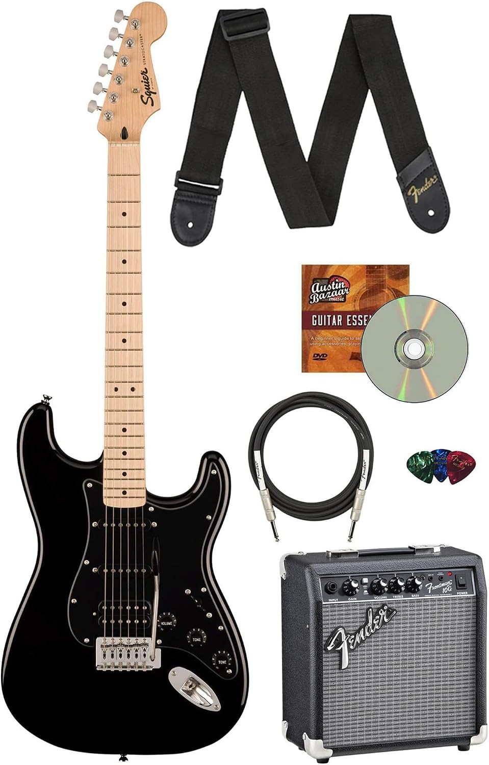 Fender Squier Sonic Stratocaster HSS-Black Bundle with Frontman 10G Amp, Strap, Cable, Picks, and Austin Bazaar Guitar DVD