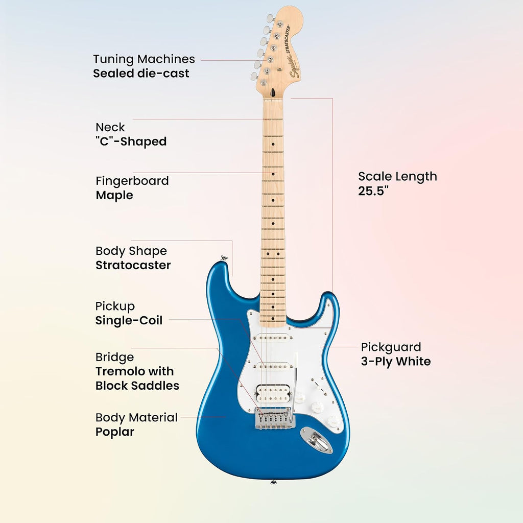 Fender Squier Affinity Stratocaster HSS - Lake Placid Blue Bundle with Frontman 15G Amplifier, Instrument Cable, Gig Bag, Tuner, Strap, Picks, and Austin Bazaar Instructional DVD