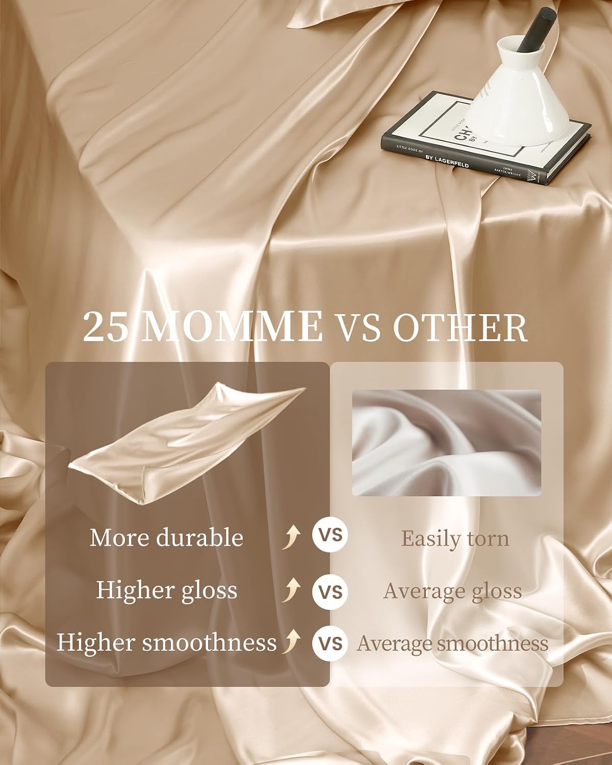 THXSILK 4pcs Silk Bed Sheets Set, 100% Long Stranded 25 Momme Mulberry Silk Bedding Set, Sheets and Pillowcase Set, Extremely Soft and Luxurious (Champagne, Queen)