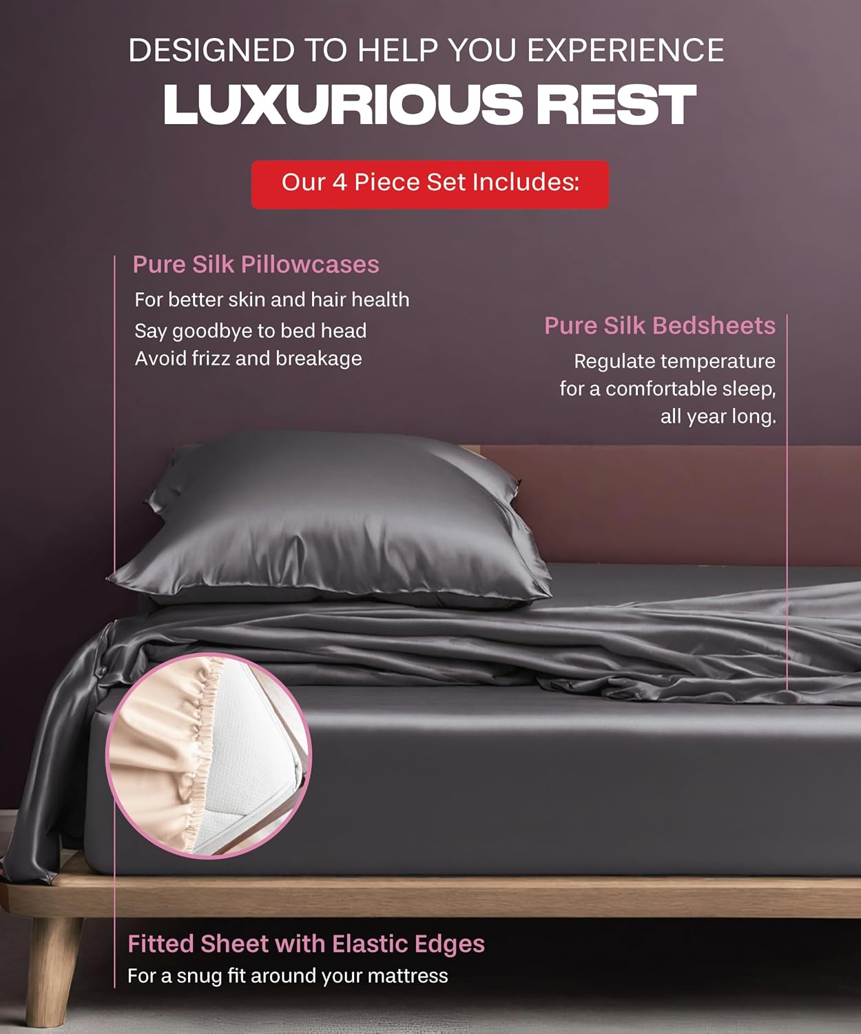 Colorado Home Co SUNDAYSILKS | Mulberry Silk Bed Sheets | 4PC Queen Set | Natural Bedding | Soft & Durable | Grade 6A Organic Real Silk [Charcoal Essence]