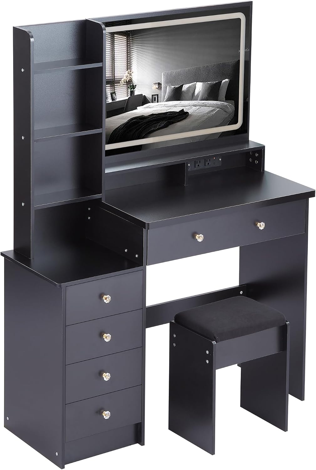 41' Queen Size Left Nightstand Dresser Set with Upholstered Stool, 2 AC Outlets + 2 USB Ports, Oversized Touch LED Mirror, 3 Colour Dimmer Switch (Black + MDF + American Design)