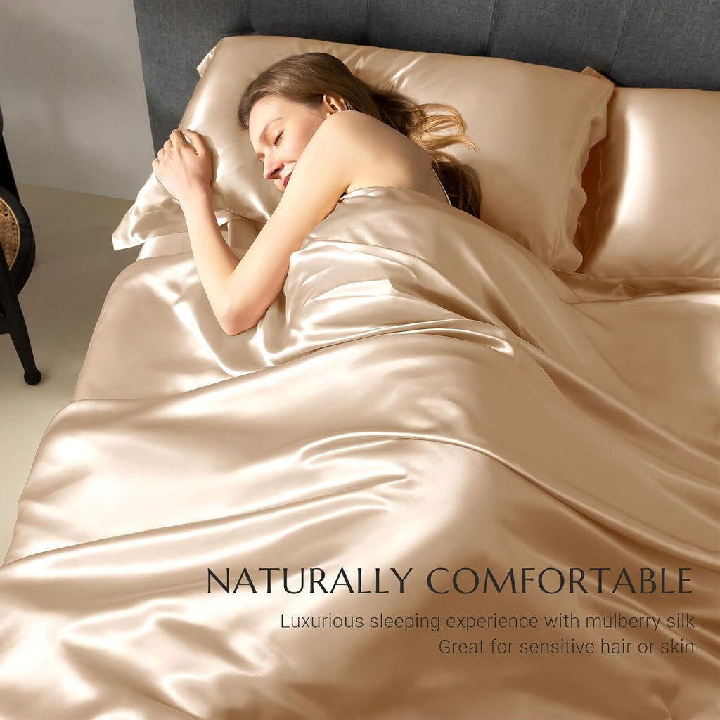 THXSILK Silk Duvet Cover, 100% 7A+ Mulberry Silk Comforter Cover, Seamless, Breathable, Easy Care Zipper Closure, 1 Duvet Cover Only - Queen, Champagne