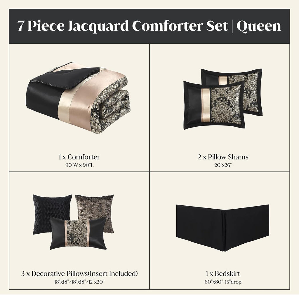 CozyDH Black Gold Jacquard Comforter Set - 7 Piece Queen Luxury Damask Floral Patchwork, All Season Down Alternative Silky Bedding Bed in a Bag with Bed Skirt, Shams, Decorative Pillows, 90x90 in