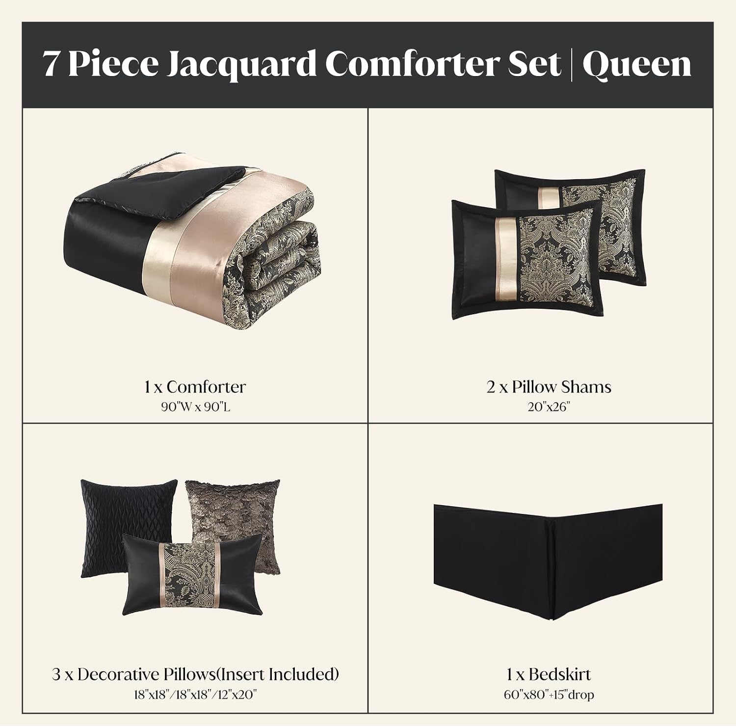 CozyDH Black Gold Jacquard Comforter Set - 7 Piece Queen Luxury Damask Floral Patchwork, All Season Down Alternative Silky Bedding Bed in a Bag with Bed Skirt, Shams, Decorative Pillows, 90x90 in