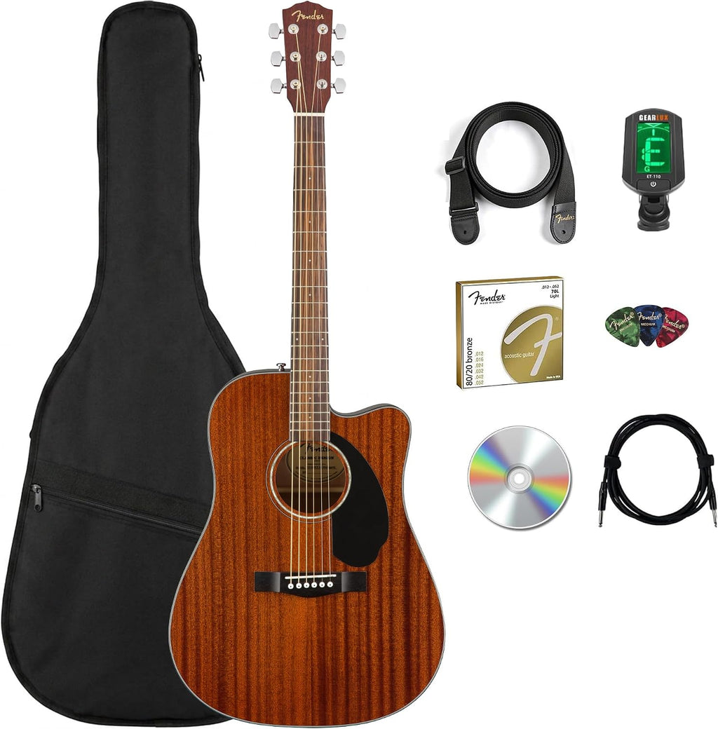 Fender CD-60SCE Solid Top Dreadnought Acoustic-Electric Guitar - All Mahogany Bundle with Gig Bag, Instrument Cable, Tuner, Strap, Strings, Picks, Polishing Cloth and Austin Bazaar Instructional DVD