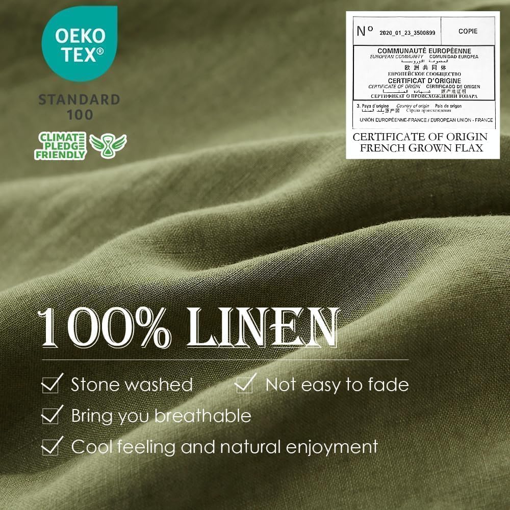 Simple&Opulence 100% Linen Duvet Cover Set, 3 PCS Olive Green Duvet Cover California King Size, Breathable Soft Comfy Linen Bedding Comforter Cover with 2 Pillowcases(Olive Green, 104'x98')