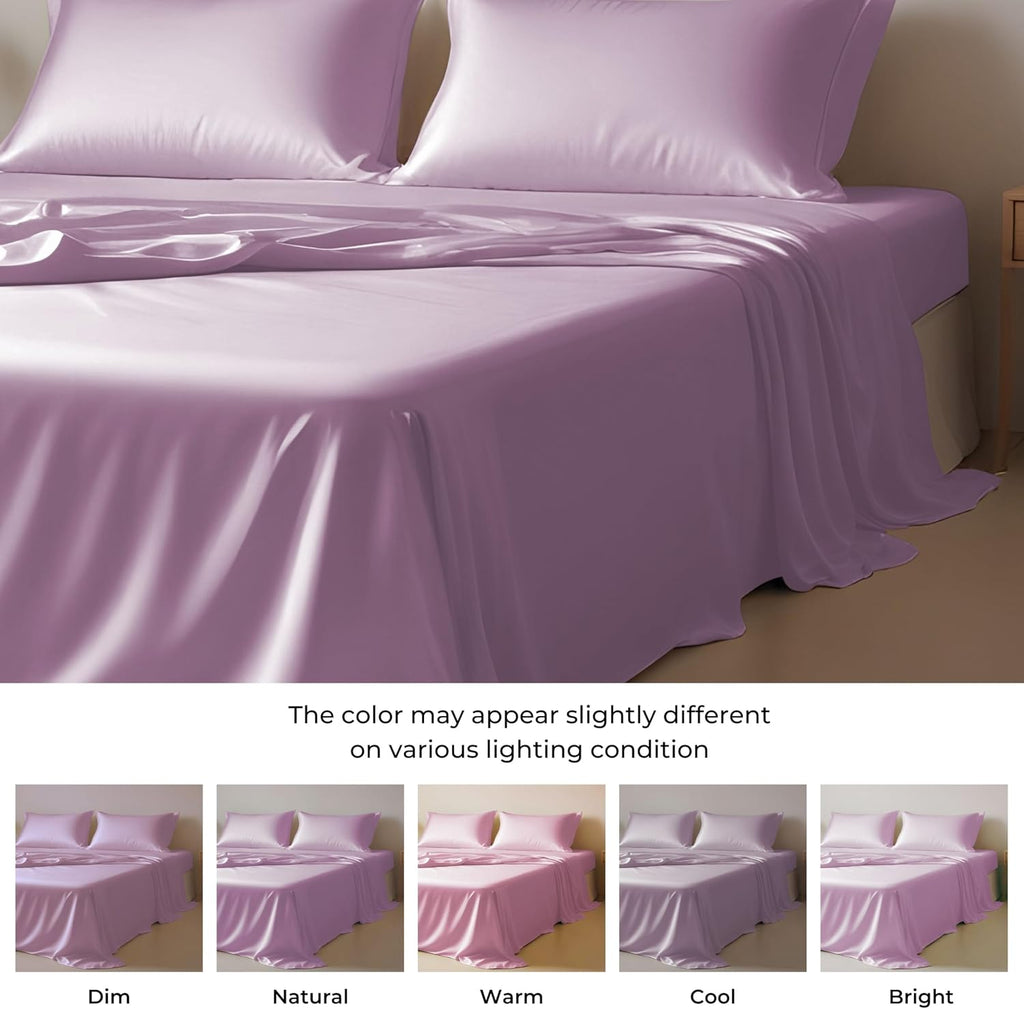 22 Momme 100% Mulberry Silk Bedding Set - 4-Piece Luxury Full Size (2 Pillowcases, 1 Fitted Sheet, 1 Flat Sheet) - Fits 14-16' Deep Pocket (Solid, Lavender)