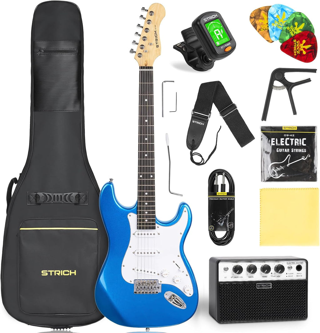 STRICH Electric Guitar Beginner Kit, Solid Body 39' Full Size Electric Guitar SSS Pick Up for Starter, with 5W x 2 Amp, Bag, Digital Tuner, Capo, Strap, String,Cable, Picks, SST-S10 Sapphire Blue