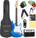 STRICH Electric Guitar Beginner Kit, Solid Body 39' Full Size Electric Guitar SSS Pick Up for Starter, with 5W x 2 Amp, Bag, Digital Tuner, Capo, Strap, String,Cable, Picks, SST-S10 Sapphire Blue