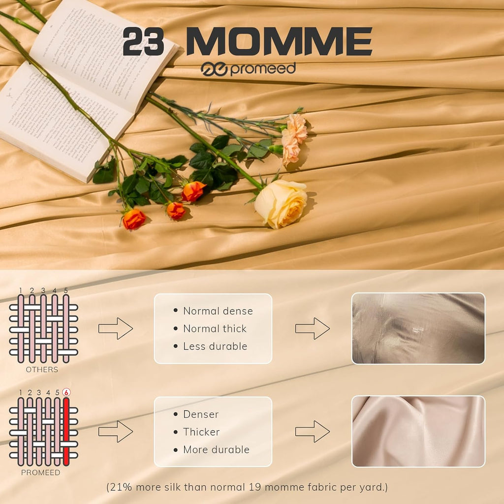 PROMEED 100% Mulberry Silk Duvet Cover Set 3PCS Full Size, Real 23 Momme Grade 6A Silk Bedding Set with Duvet Cover and Pillowcases (Gold, Full)