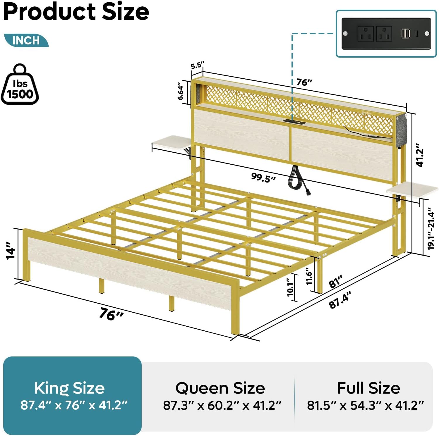 Bestier King Size Bed Frame with Headboard and Foldable Bedside Shelves Storage, LED Platform Bed Frame with Charging Station, Non Slip Metal Bed Frame, Noise Free, Easy Assembly, White Oak