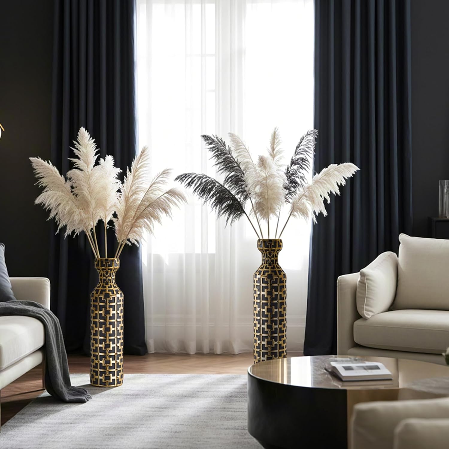 Pair of 24.4' Tall Ceramic Cylinder Vases with Geometric Gold Accents, Large Flower Vase, Decorative Vase - Modern Black & Gold Floor Vases for Living Room, Entryway Decor (Set of 2)