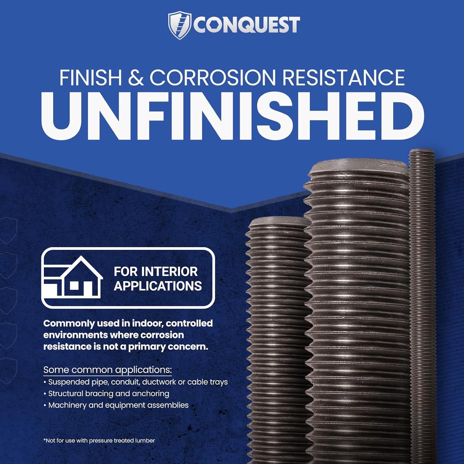 Conquest A307 Unfinished Threaded Rod 1-1/2'-6 x 36 Inches - Coarse Threaded All-Thread Rods - ASTM A307 Grade A Standard
