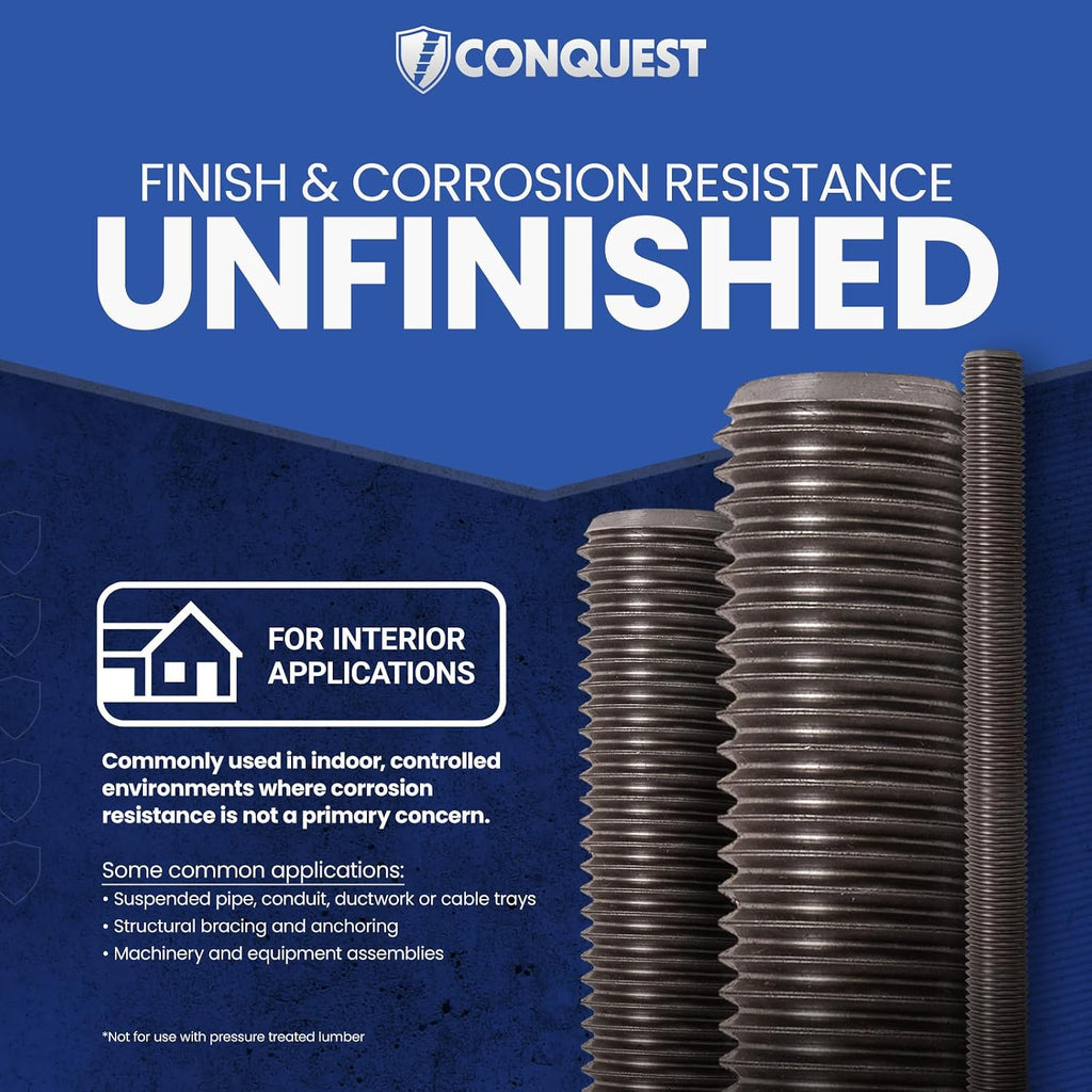 Conquest A307 Unfinished Threaded Rod 3/4'-10 x 36 Inches (6-Pack) - Coarse Threaded All-Thread Rods - ASTM A307 Grade A Standard