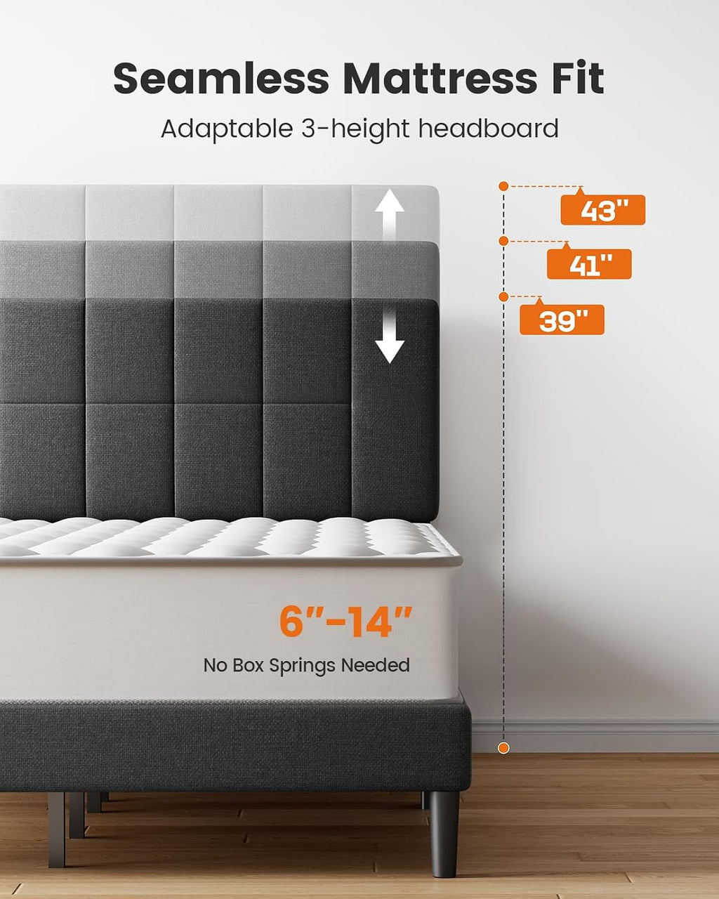 Pipishell Queen Size Upholstered Platform Bed Frame with 3-Height Adjustable Headboard, Fully Upholstered Mattress Foundation, Strong Weight Capacity, Wooden Slats Support, No Box Spring Needed, Grey