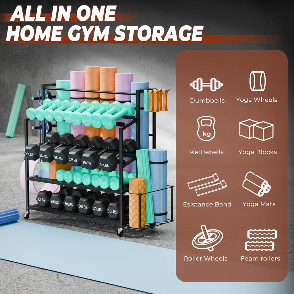 Dumbbell Rack Weight Stand Only - Adjustable Weight Rack for Dumbbells, Home Gym Storage Rack for Yoga Mat Foam Roller Kettlebells, Workout Equipment Storage Organizer With Wheels