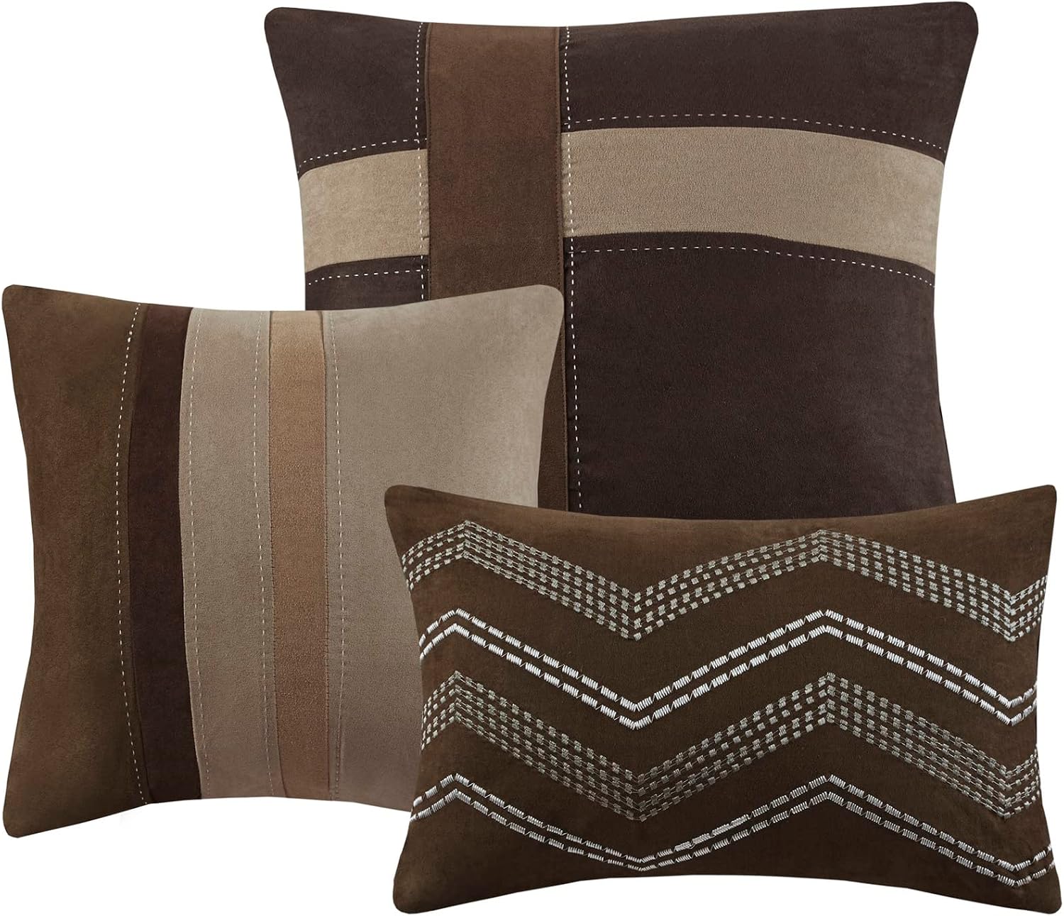 Madison Park Palisades Comforter Set Modern Faux Suede Pieced Stripe Design, All Season Down Alternative Cozy Bedding with Matching Shams, Decorative Pillows, Cal King(104'x92'), Brown 7 Piece
