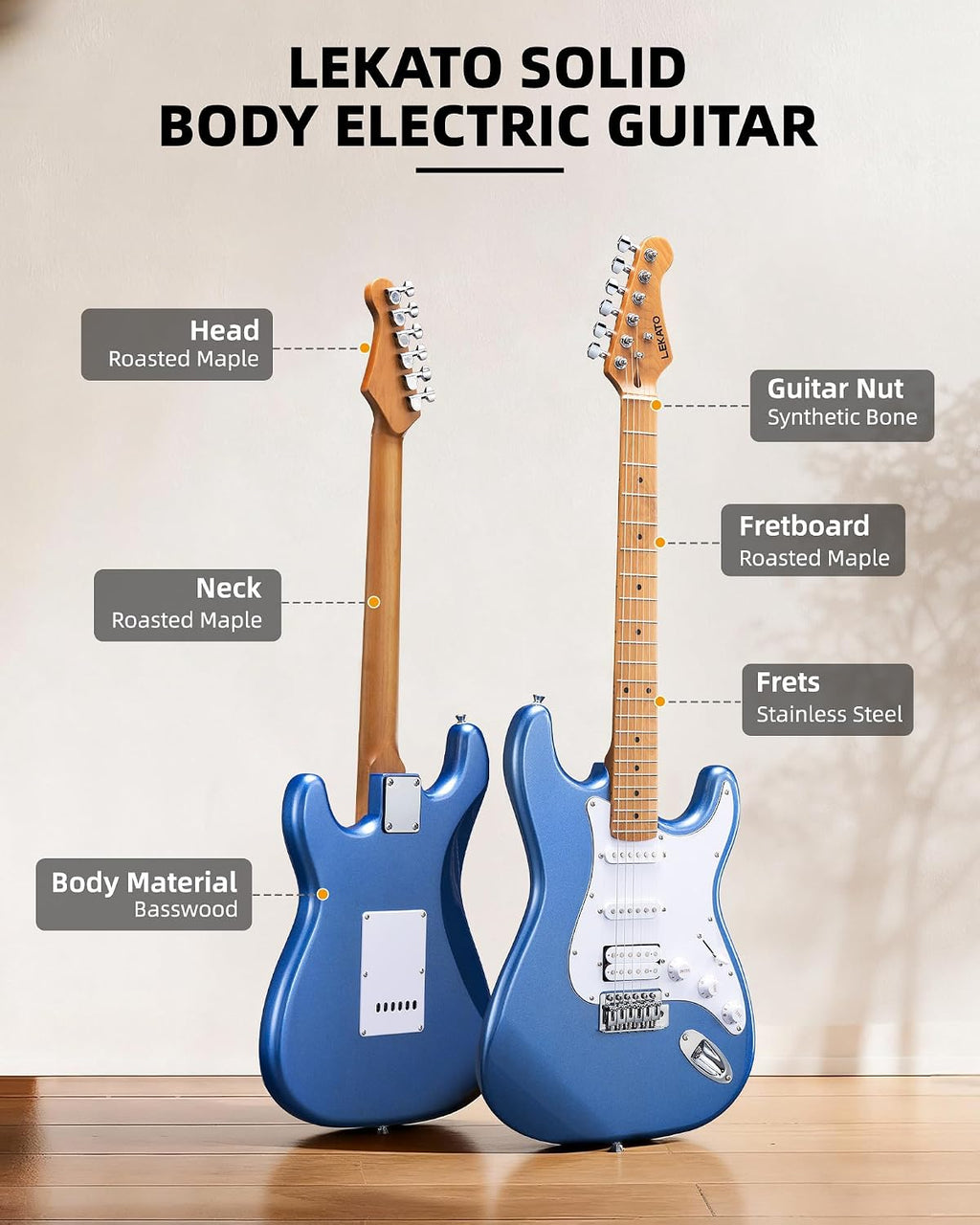 LEKATO Electric Guitar Kit Beginner 39 Inch Full Size Solid Body Guitar HSS for Starter Roasted Maple Neck Fretboard Stainless Steel Frets, 5W Mini Amp, Bag, Tuner, Capo, Strap, String, Picks- Blue