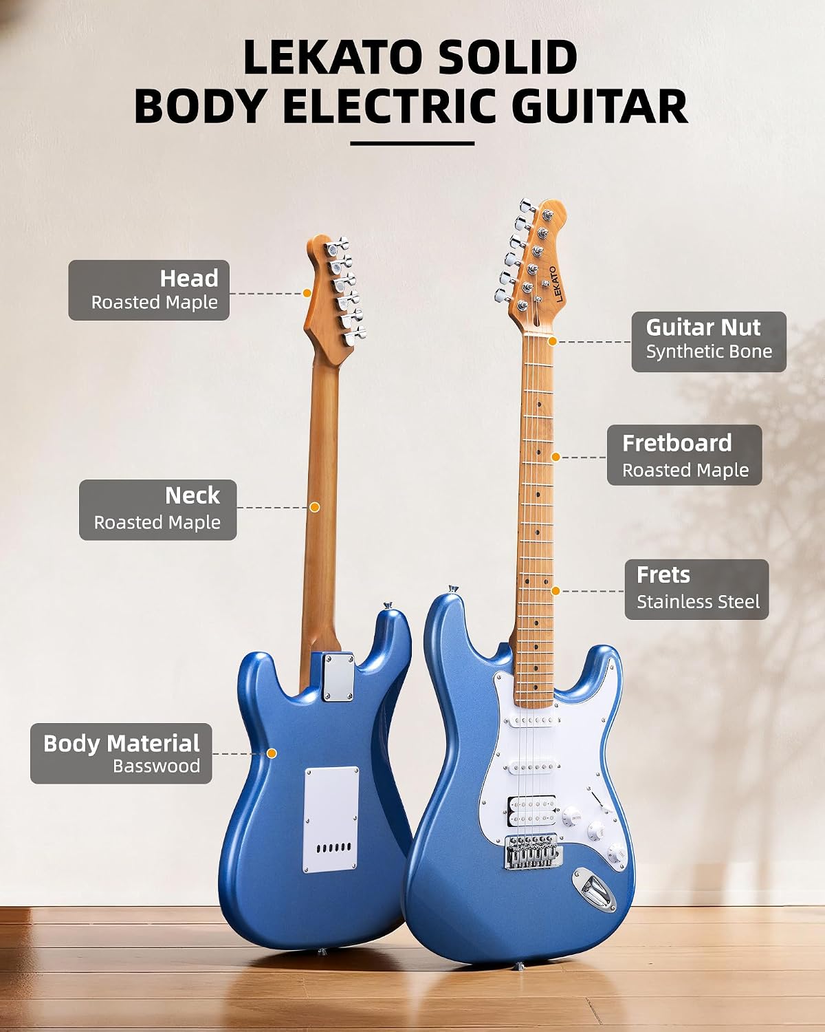 LEKATO Electric Guitar Kit Beginner 39 Inch Full Size Solid Body Guitar HSS for Starter Roasted Maple Neck Fretboard Stainless Steel Frets, 5W Mini Amp, Bag, Tuner, Capo, Strap, String, Picks- Blue