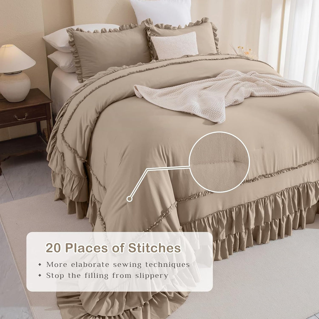Masaca Oversized King Comforter 120x120,3 Pieces Farmhouse Ruffle Bedding Comforter,Light Taupe Shabby Boho Chic Oversized Comforter King Size,Lightweight Soft Microfiber Cal King Bedding Set
