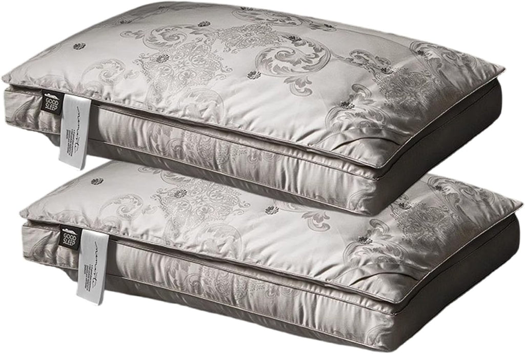 Luxury Mulberry Silk Filled Pillow 2 Pack - 100 Count Cotton Jacquard Pillowcase, Ultra-Soft & Smooth Natural Mulberry Silk Bed Pillows for Sleeping, Head & Neck Support, 48 X 74CM,Gray