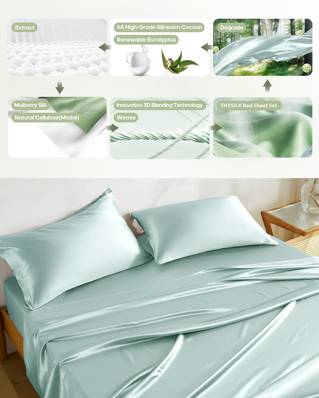 THXSILK Silk Sheet Set 4 Pcs, Cal King Size Sheet Set, Soft Breathable Cooling Bed Sheets with 1 Flat Sheet, 1 Fitted Sheet, 2 Pillowcases with Zipper Closure, Light Blue